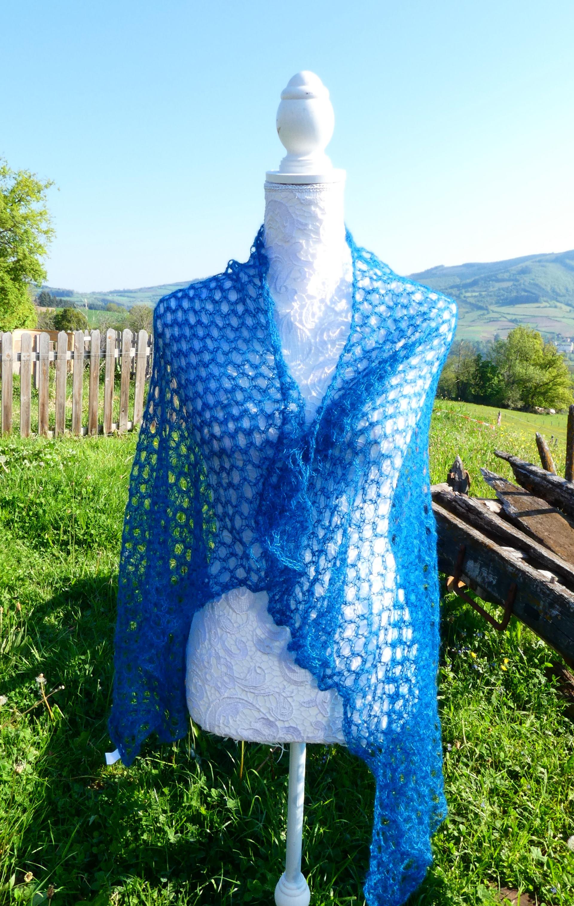 Carré tricot laine mohair bleu paon 1