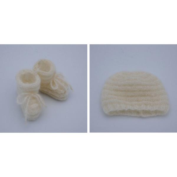 Coffret naissance bonnet chaussons laine mohair écru
