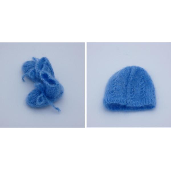 Coffret naissance bonnet chaussons laine mohair bleu denim