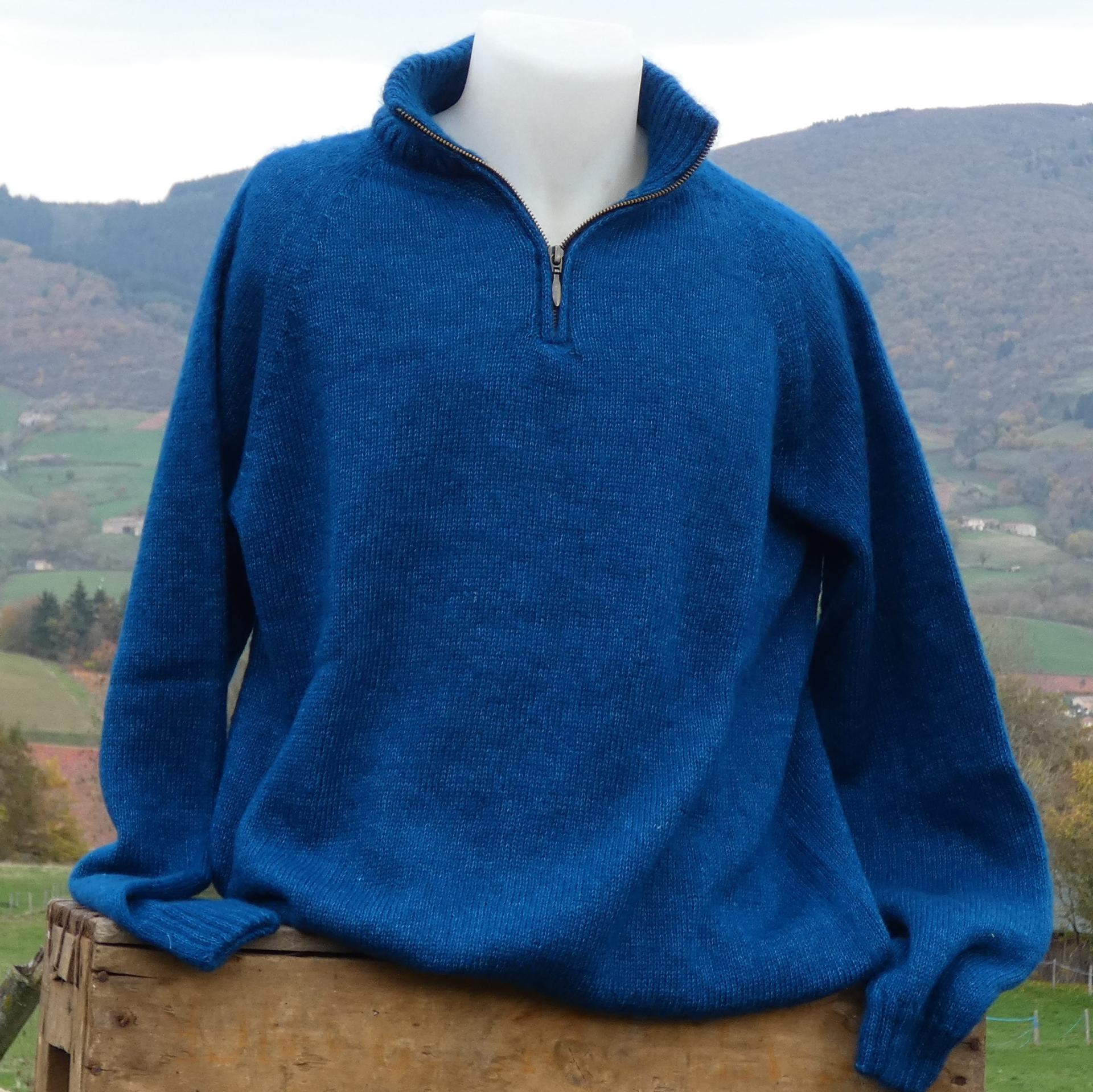 pull laine mohair zippé bleu paon