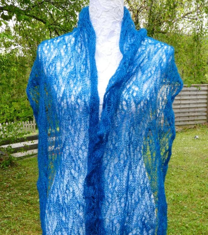 Echarpe tricot Mohair bleu paon
