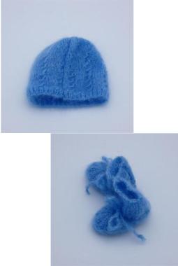 Coffret naissance bonnet chaussons laine mohair bleu denim