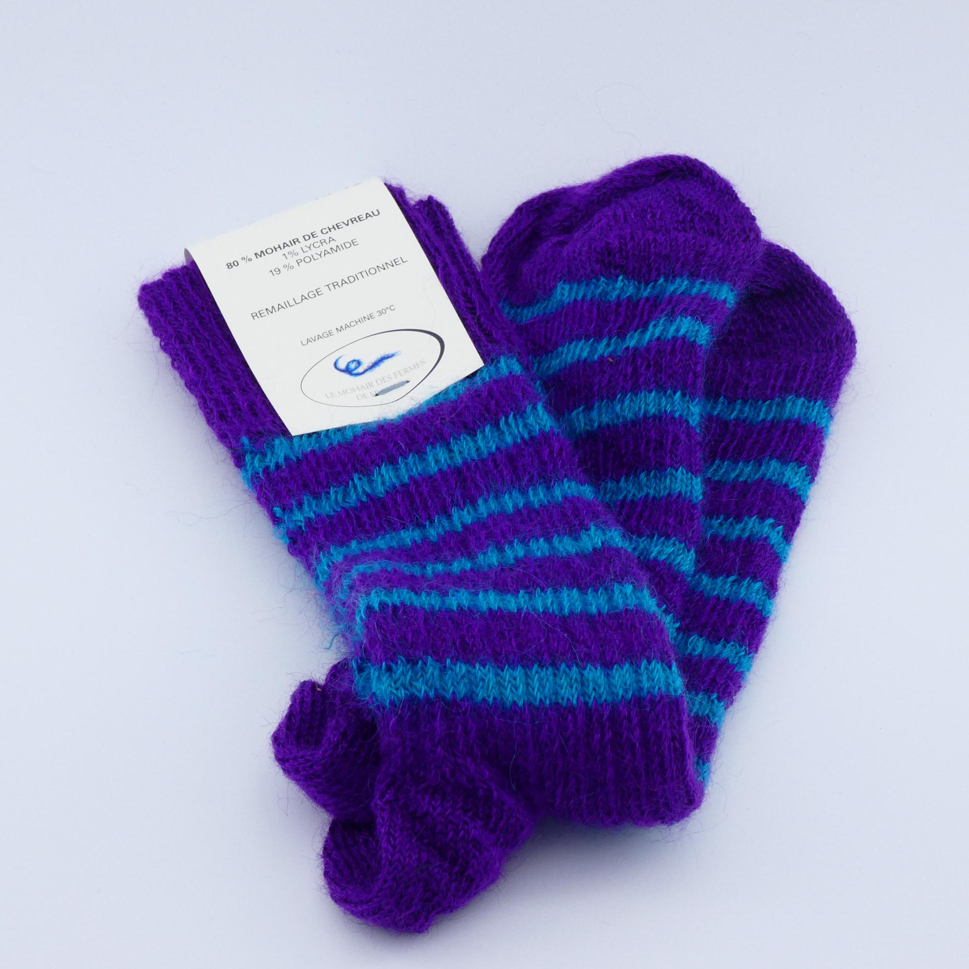 Chaussettes rayées laine mohair myrtille/caraïbes