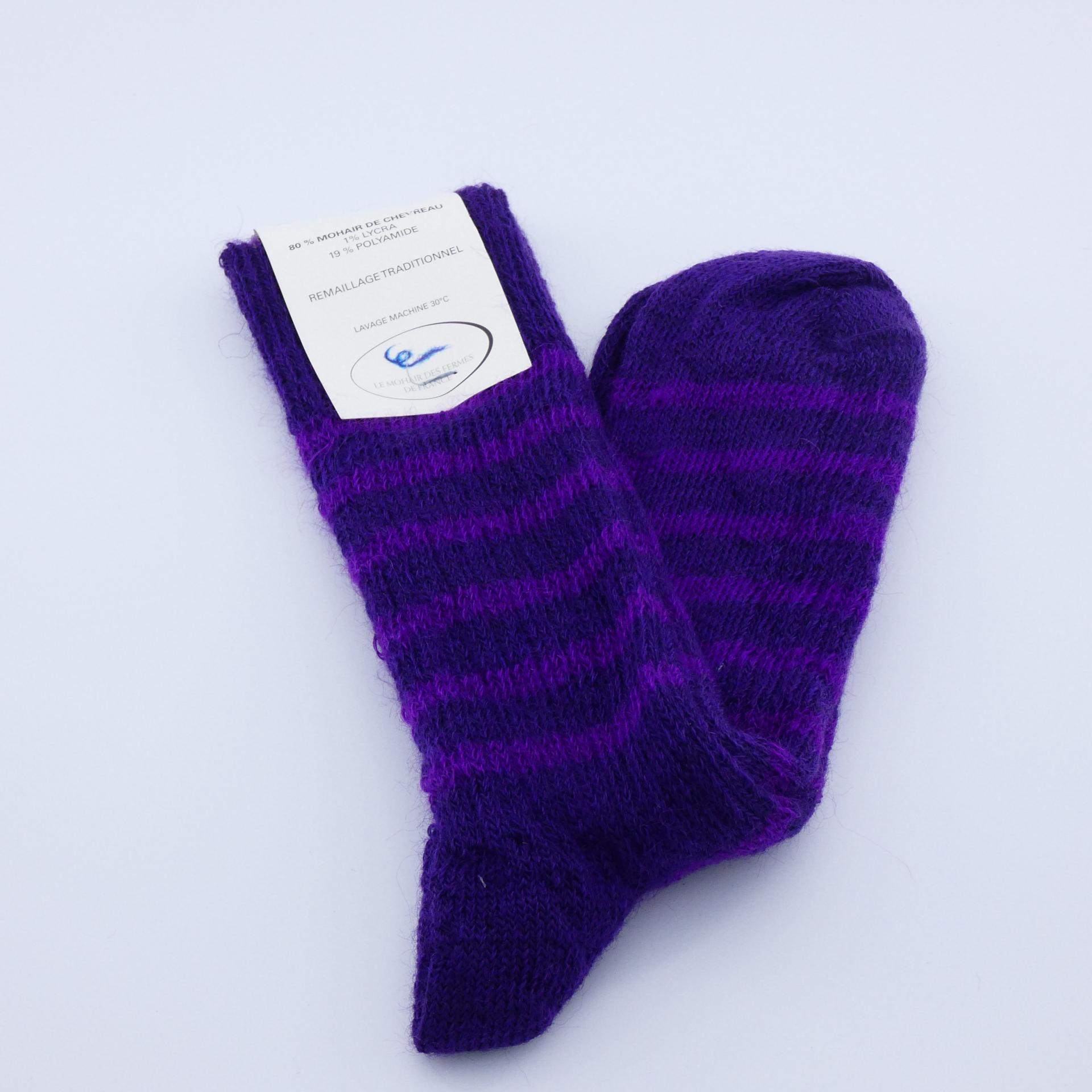 Chaussettes rayées laine mohair myrtilles/pensée