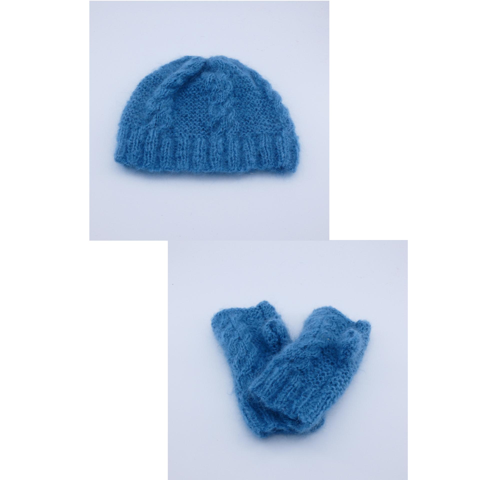 Ensemble bonnet mitaine laine mohair denim