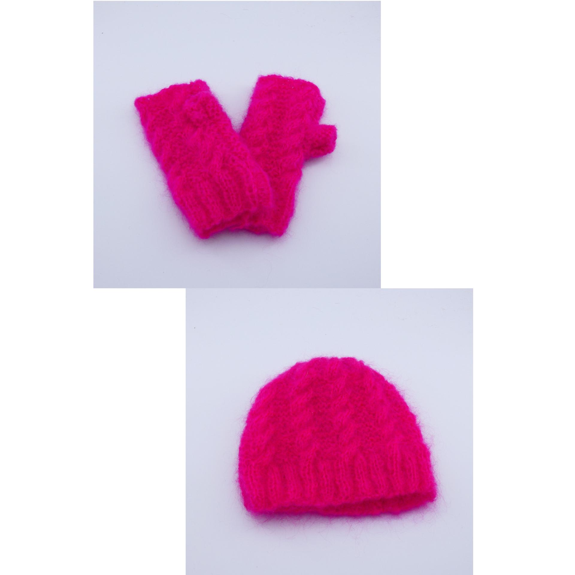 Ensemble mitaines bonnet laine mohair fuchsia 