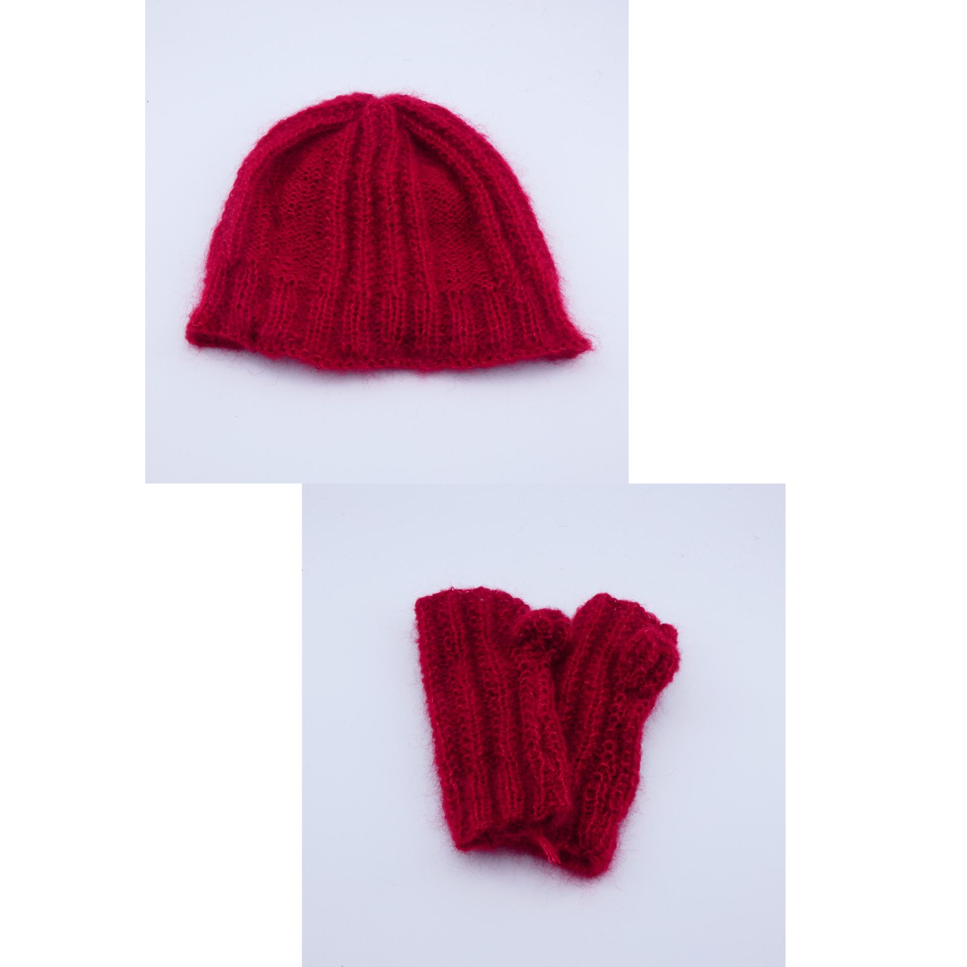 Ensemble bonnet mitaine laine mohair rubis