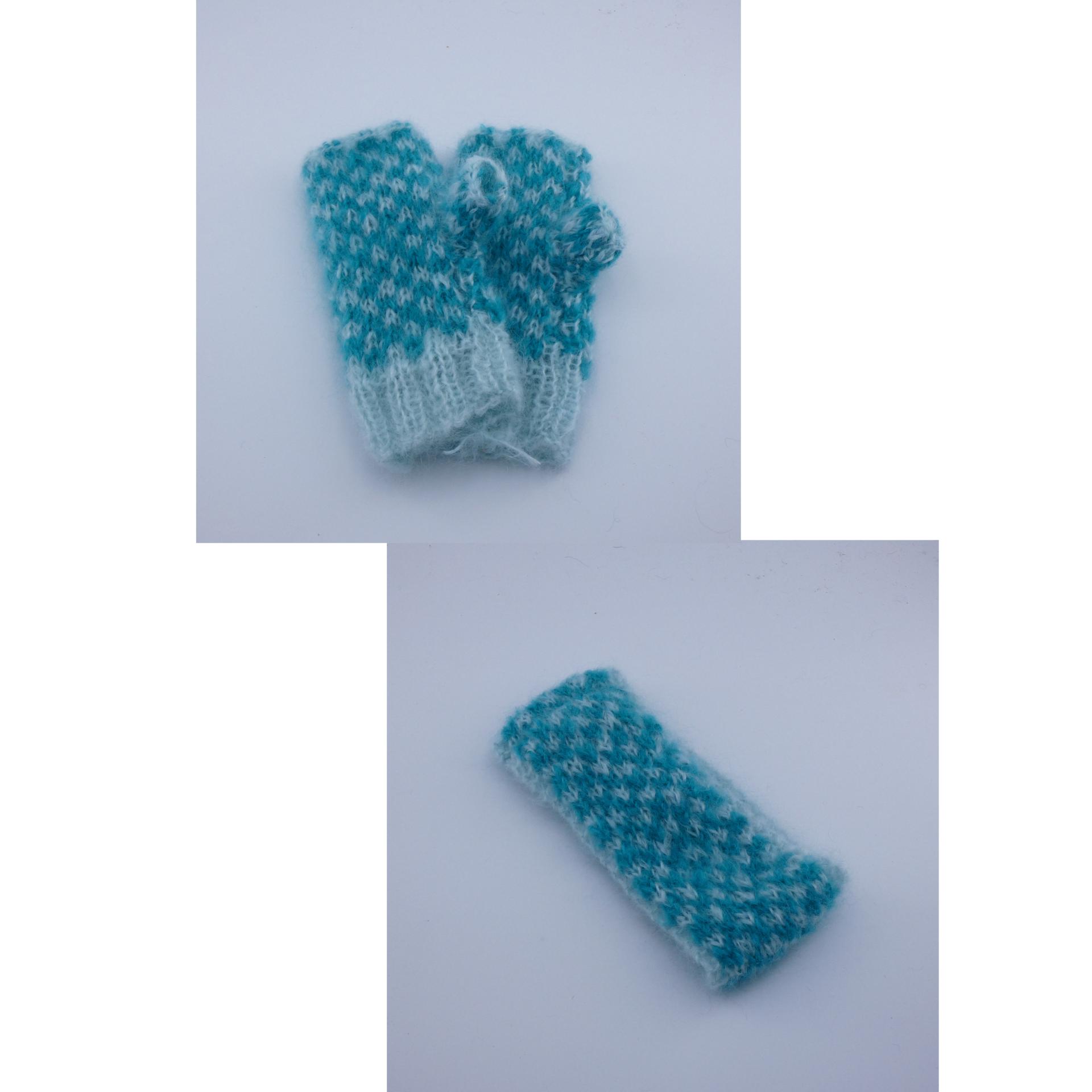 Ensemble mitaine bandeau laine mohair bleu clair/caraïbes