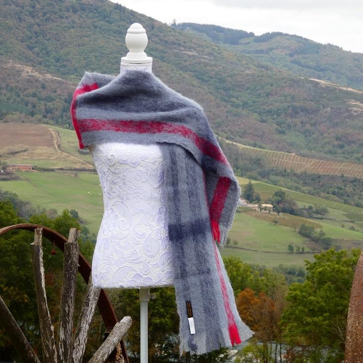 Grande écharpe Mohair écossais gris silex/rubis