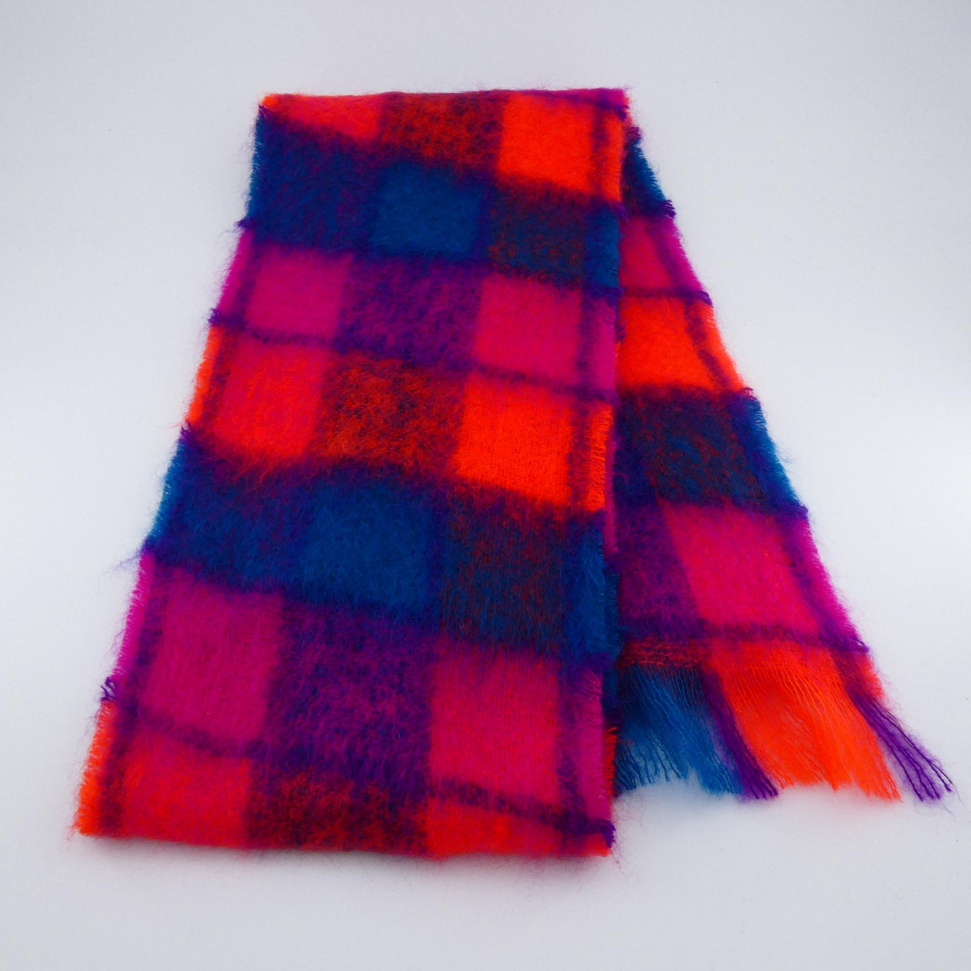 Grande écharpe Mohair carreaux paon/capucine/fuchsia