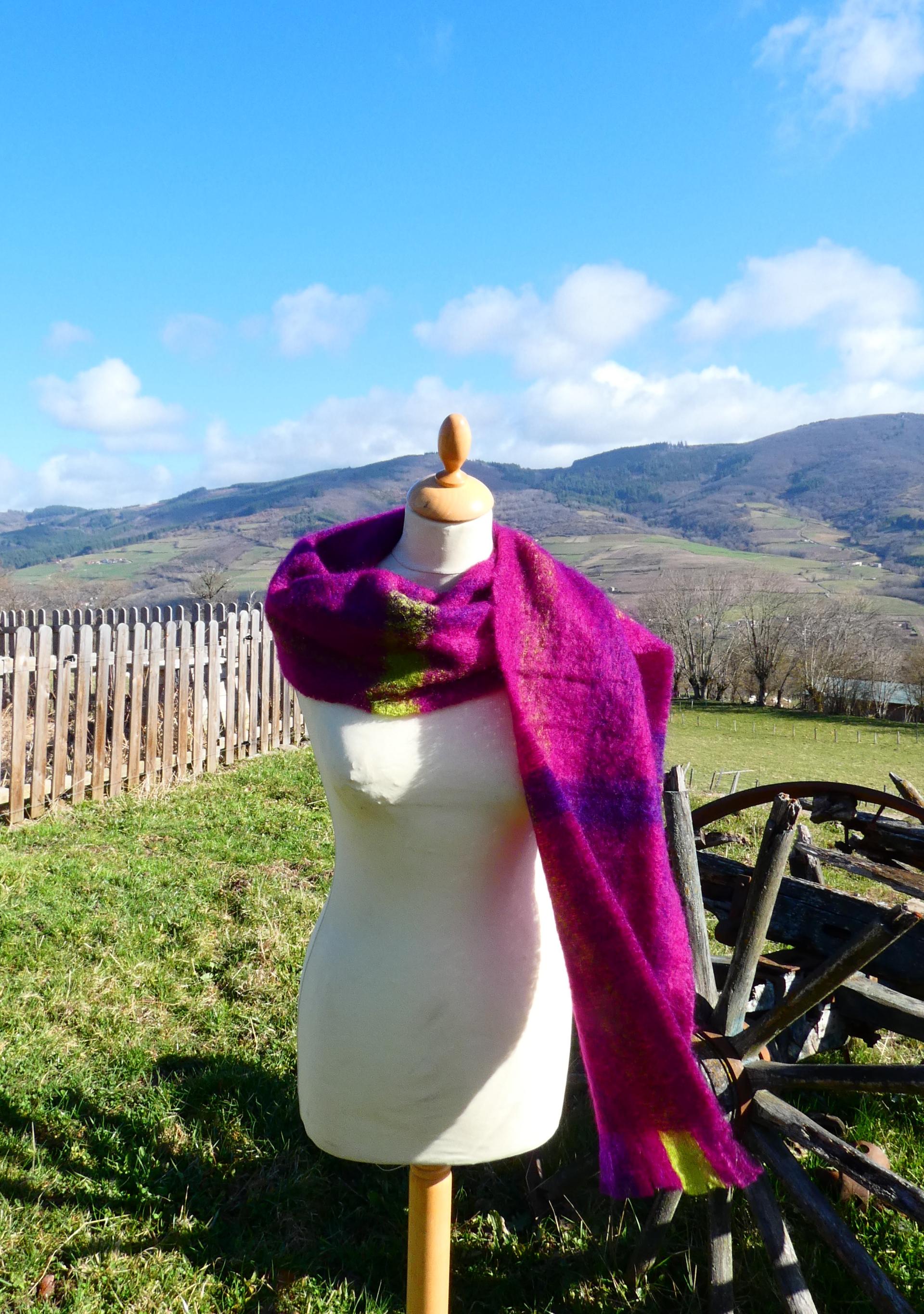 Grande écharpe Mohair écossais framboise/vert anis