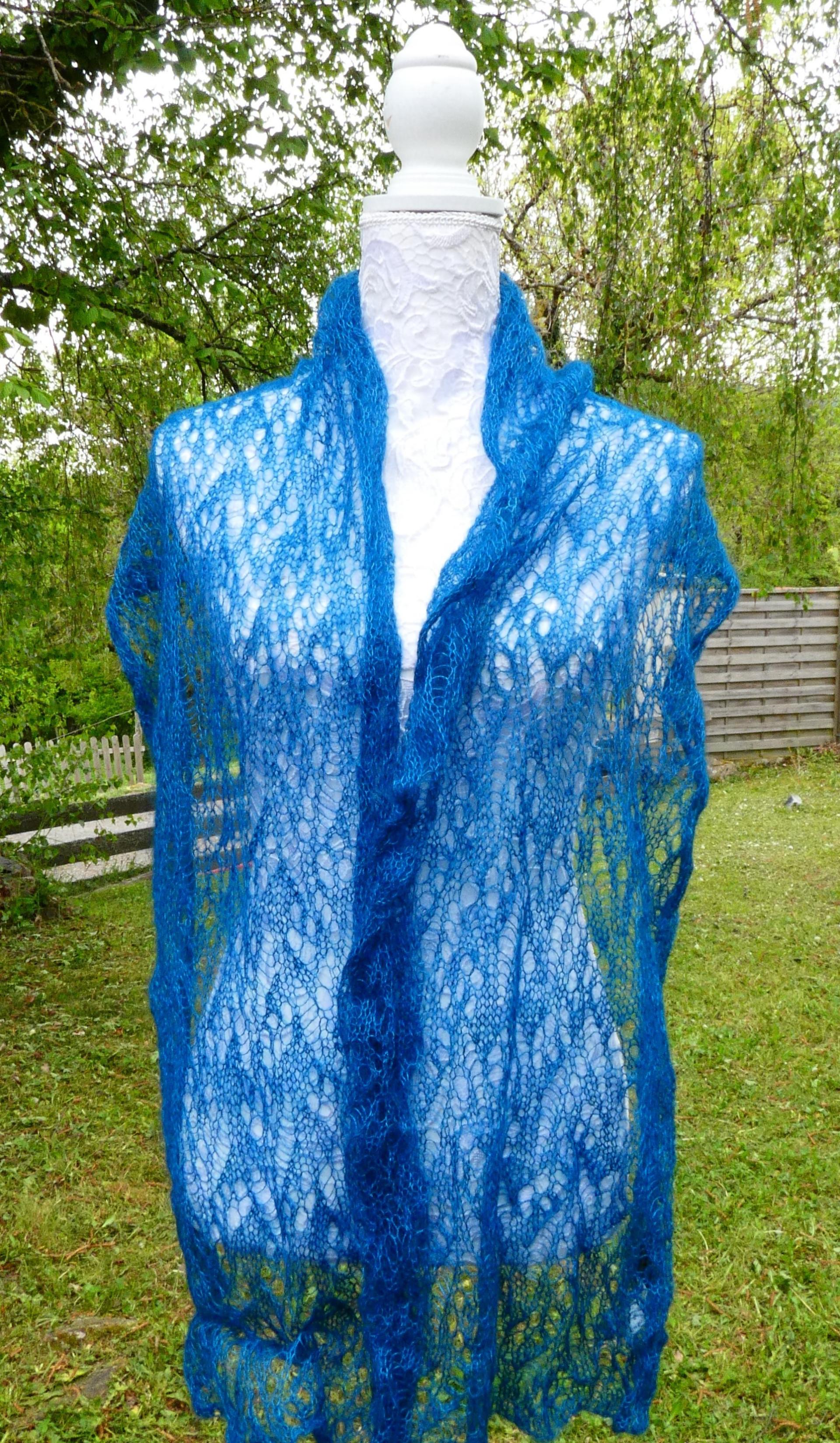 Echarpe tricot Mohair bleu paon