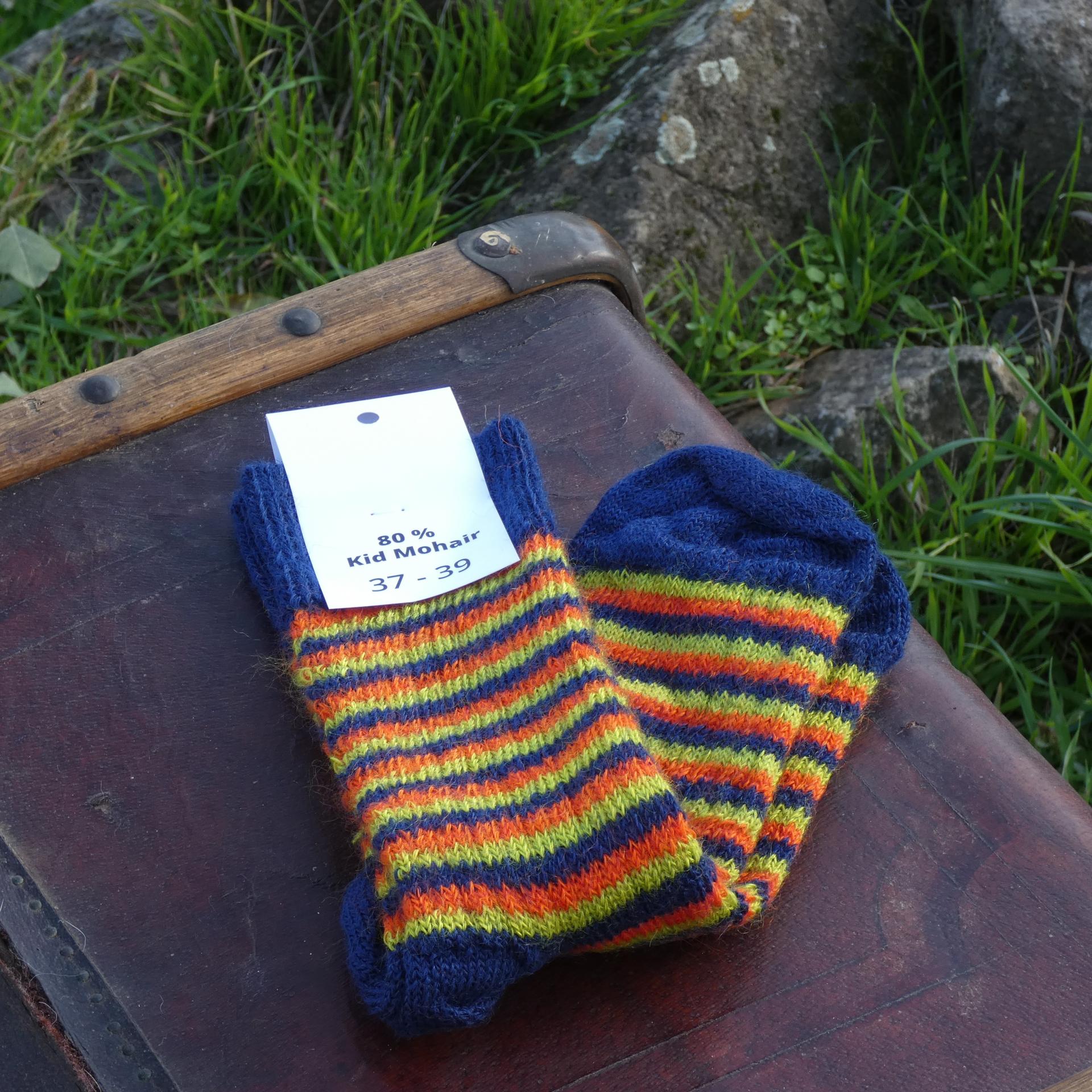Chaussettes rayées laine mohair capucine/nocturne/vert anis