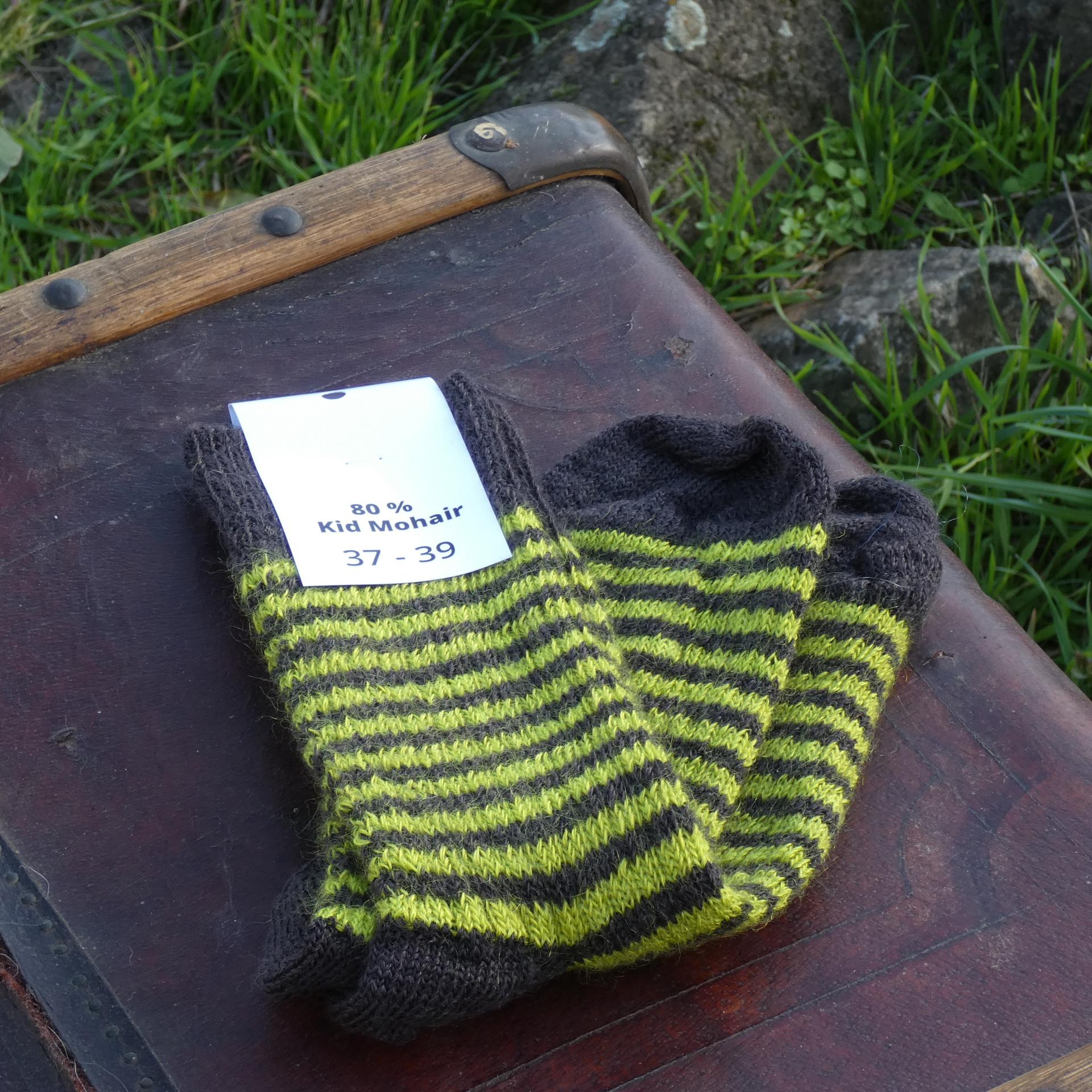 Chaussettes rayées laine mohair chevêche/vert anis