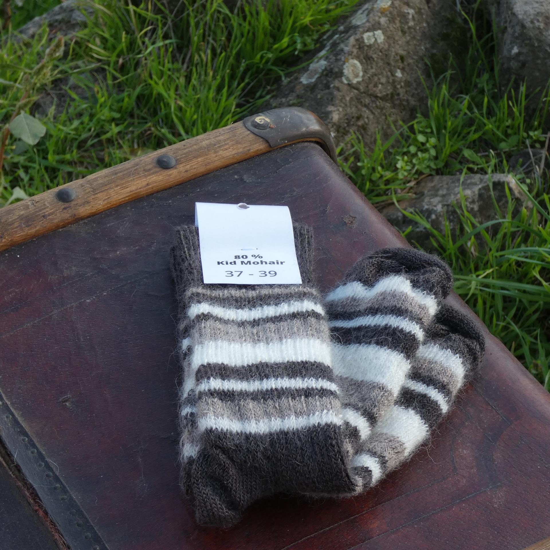 Chaussettes rayées laine mohair écru/taupe/chevêche
