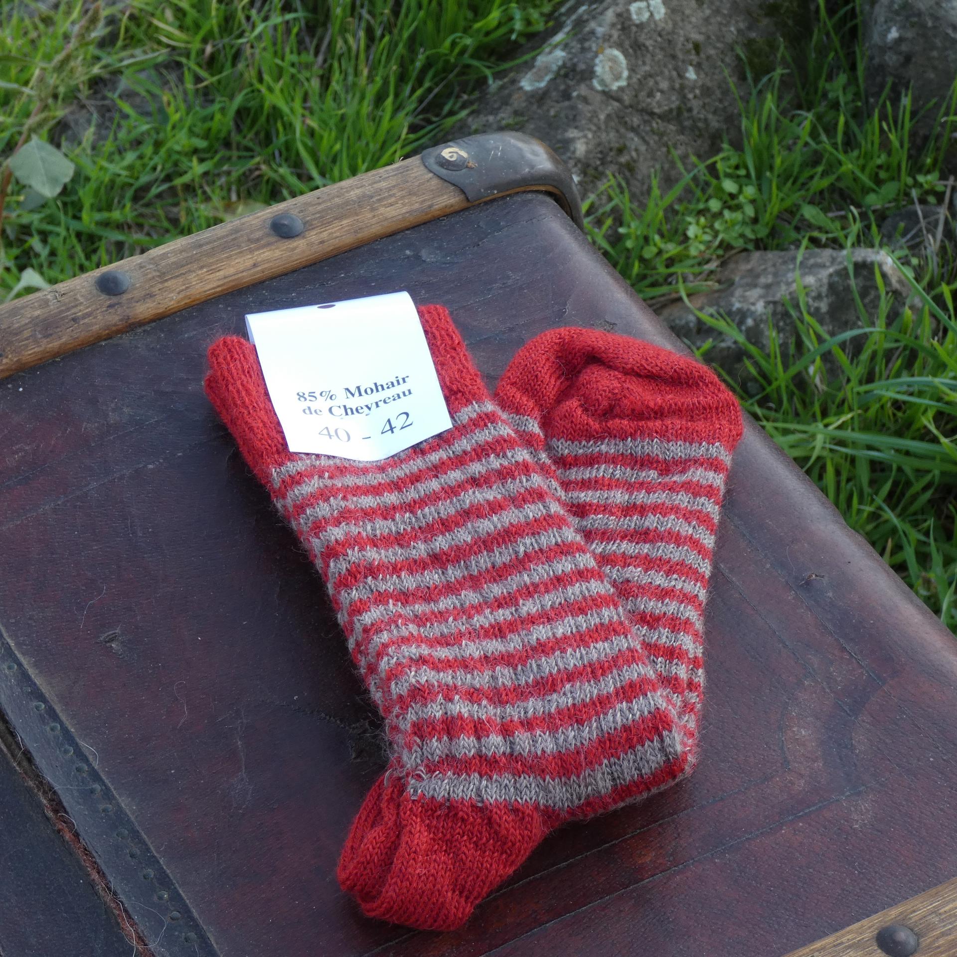 Chaussettes rayées laine mohair rubis/taupe