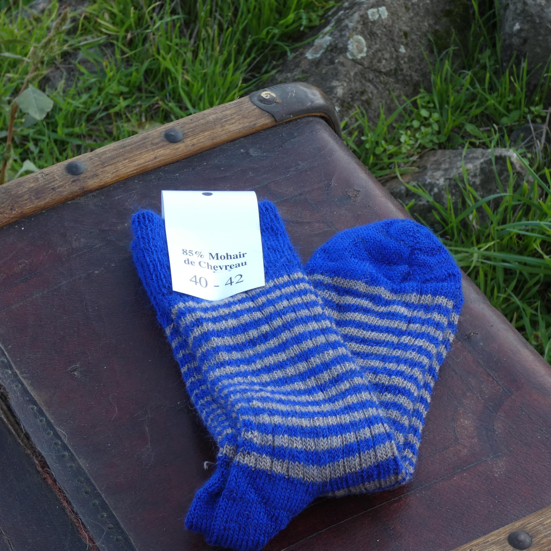 Chaussettes rayées laine mohair bleu klein/gris silex