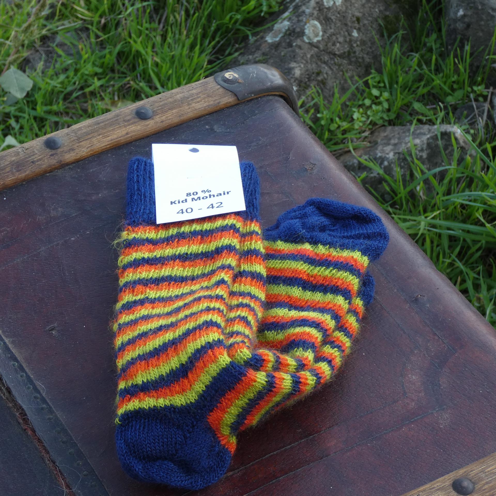 Chaussettes rayées laine mohair capucine/nocturne/vert anis 2