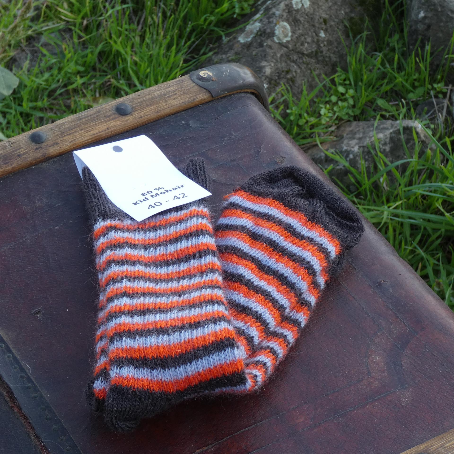 Chaussettes rayées laine mohair capucine/gris perle/myrtille