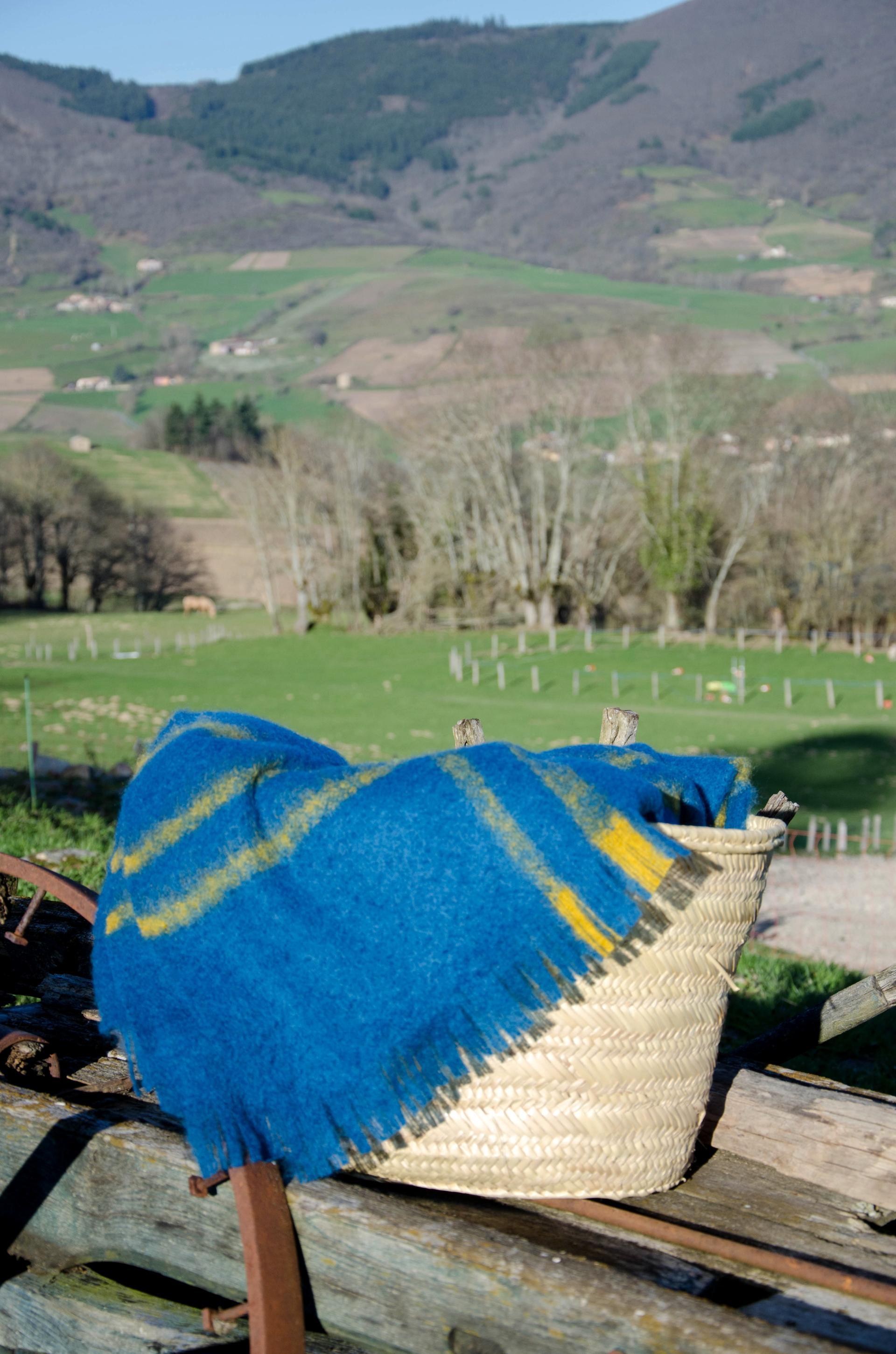 Plaid laine mohair écossais bleu paon mangue