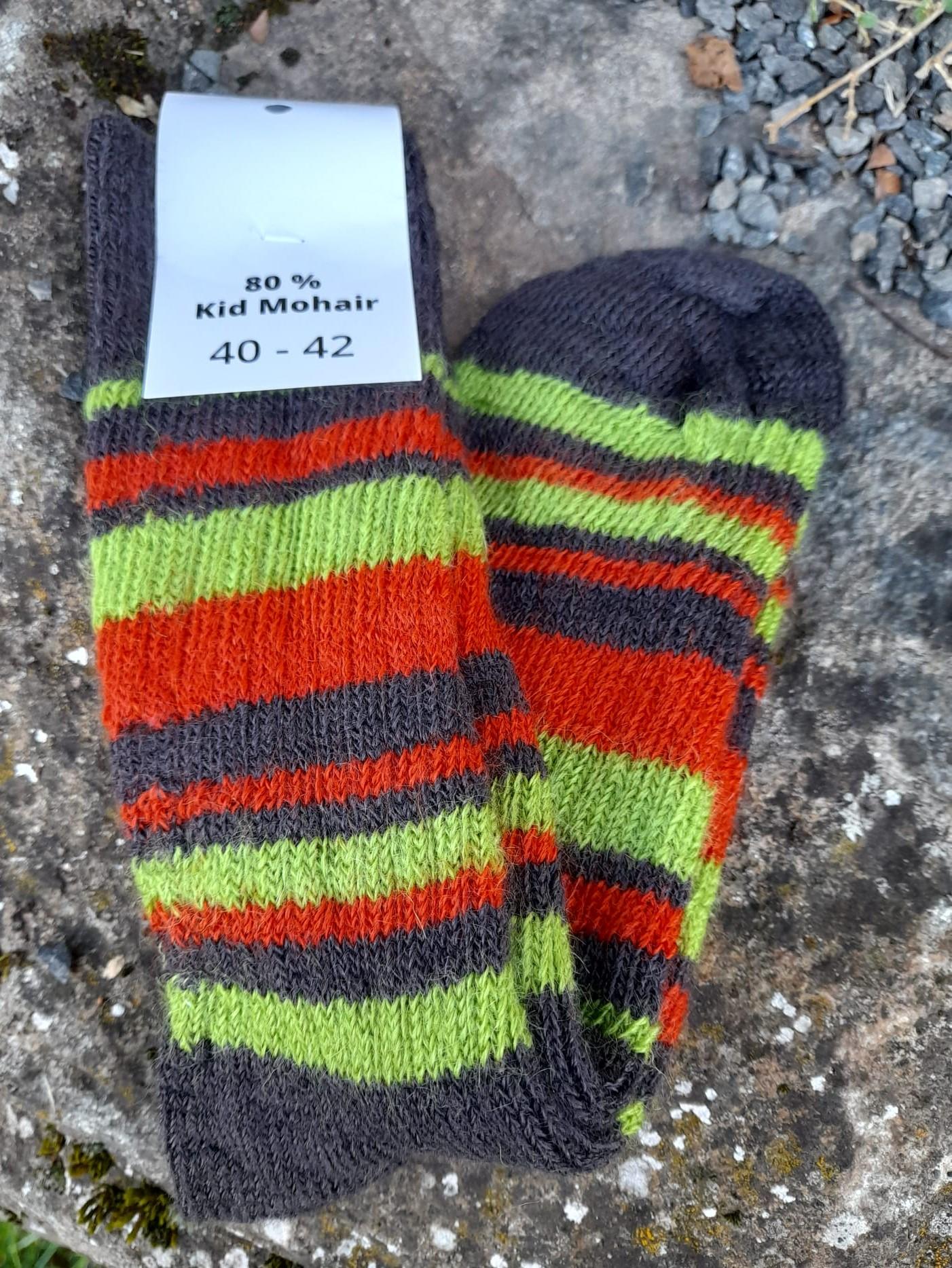 Chaussettes rayées laine mohair potiron/chevêche/vert anis