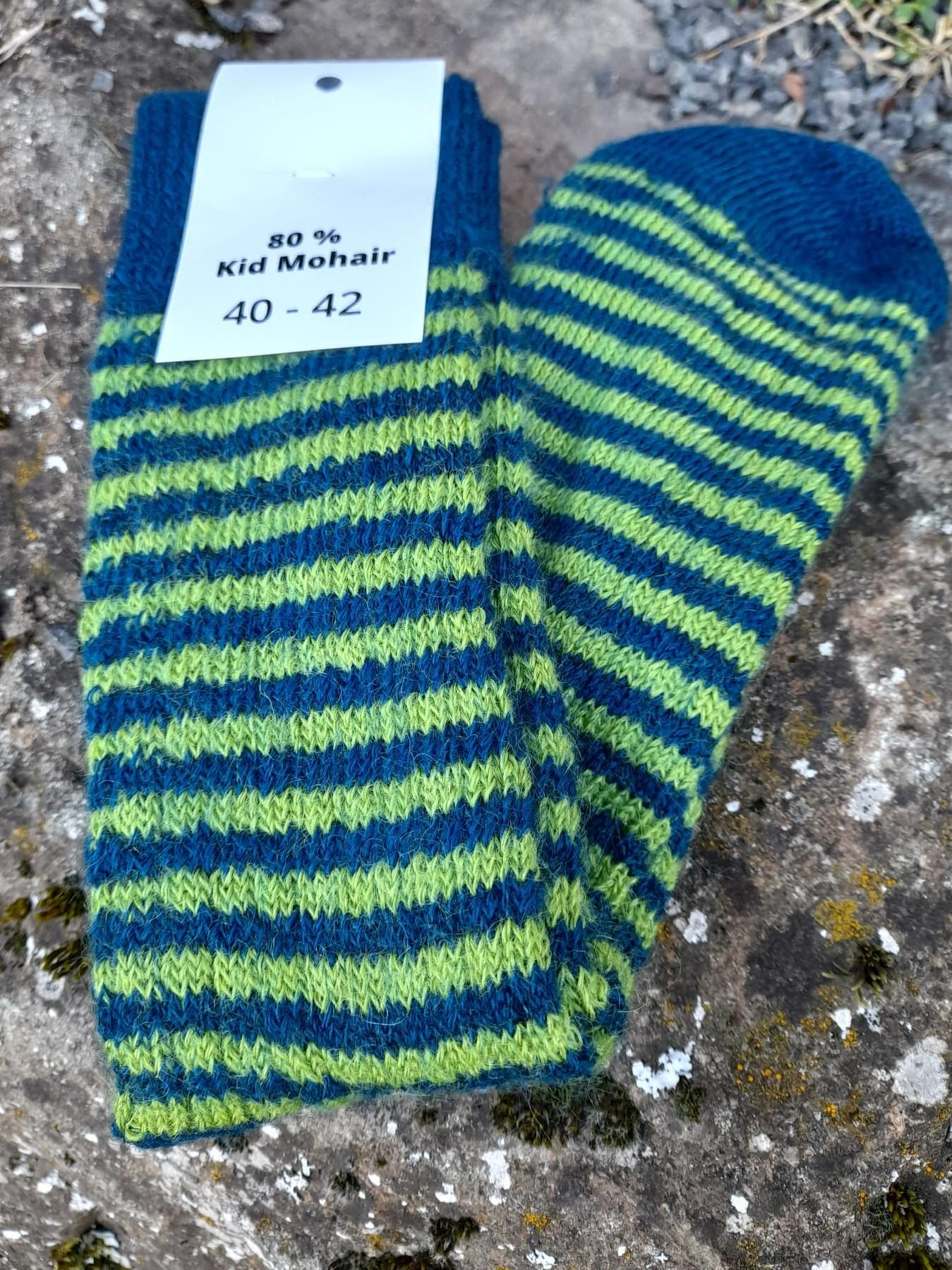 Chaussettes rayées laine mohair vert anis/bleu paon
